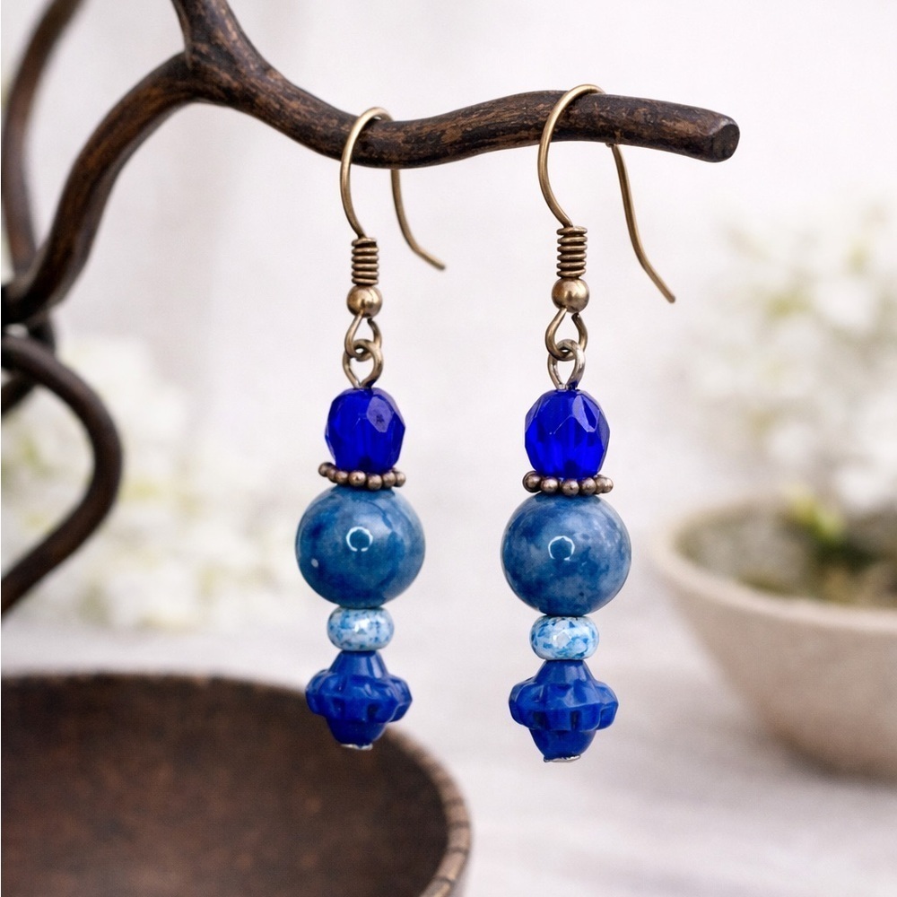 Lampwork Marbled Blue Glass Dangle Earrings | Sky Blue Beads Boho Artisan Style